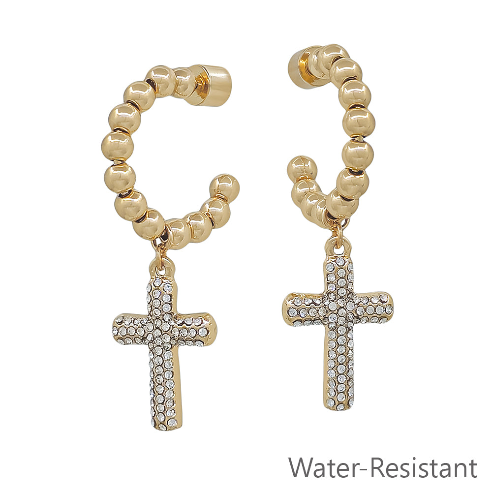 Water Resistant Gold Beaded with Rhinestone Cross 1.5" Hoop Earring