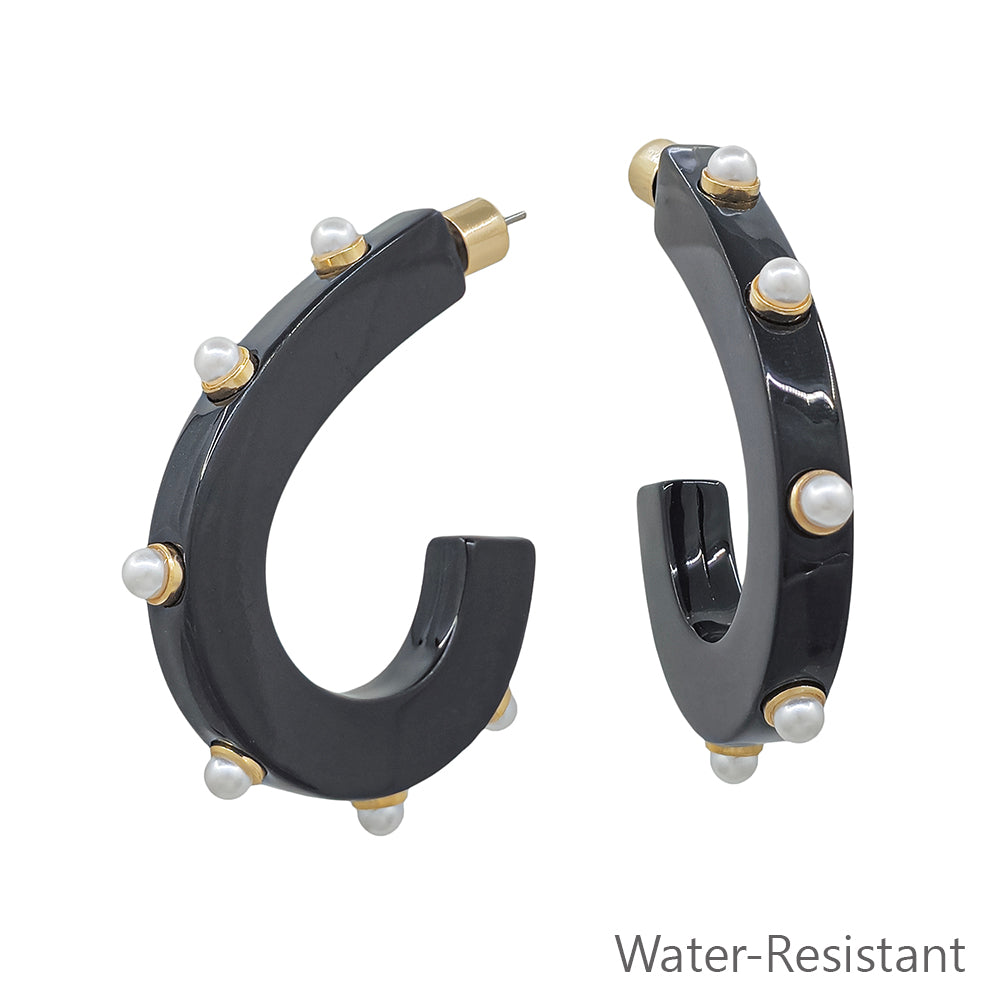 Water Resistant Black Acrylic Teardrop with Gold Studded 2" Earring