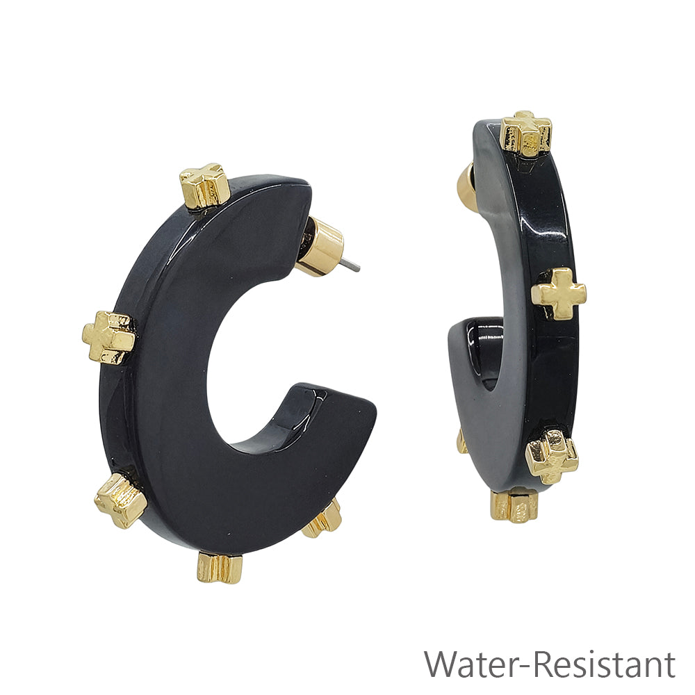 Water Resistant Black Acrylic Hoop with Gold Studded 1.5" Earring
