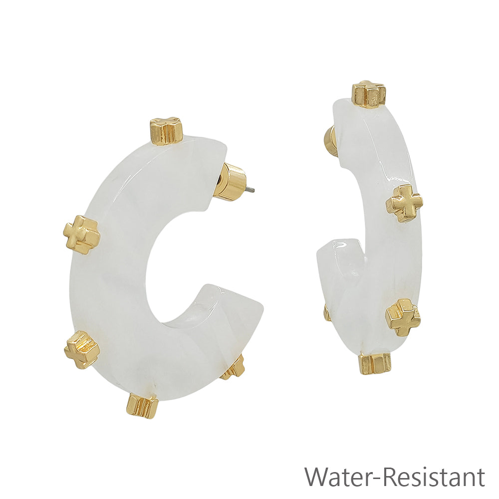 Water Resistant White Acrylic Hoop with Gold Studded 1.5" Earring