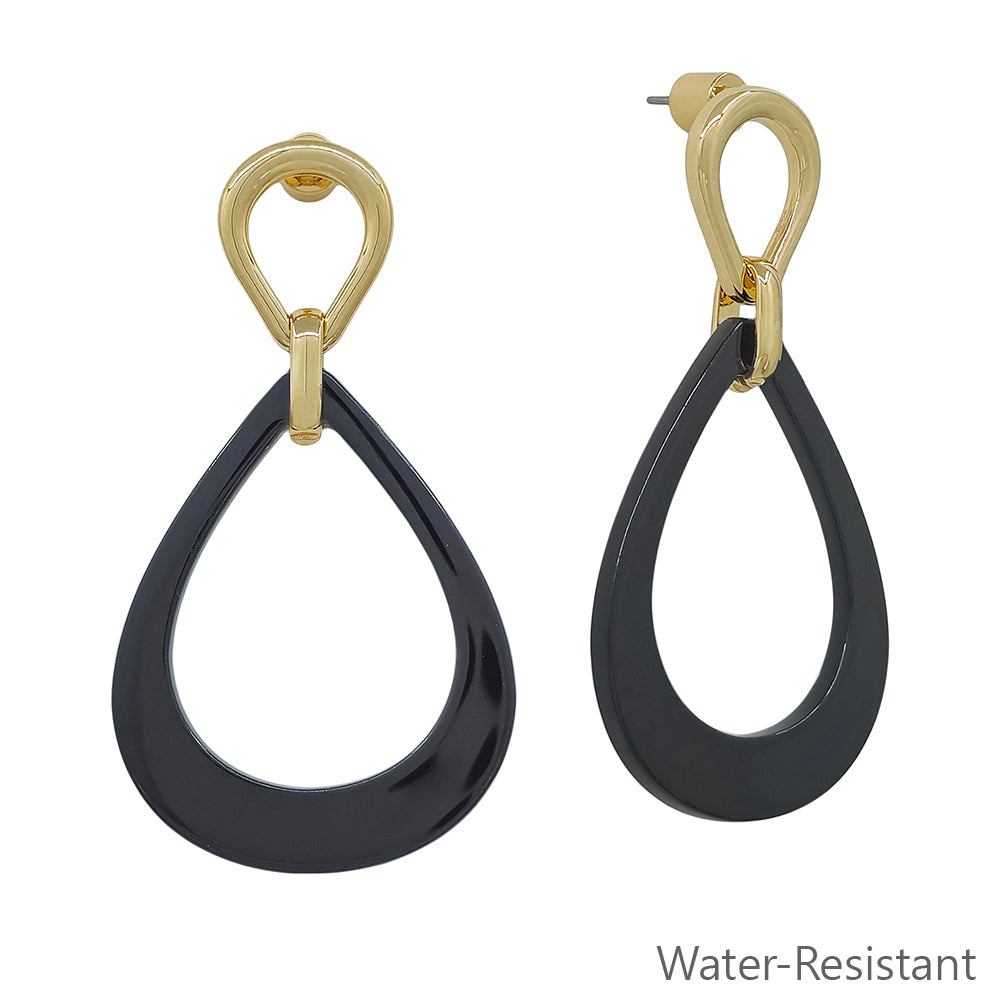 Water Resistant Gold with Black Resin Open Teardrop 2" Earring
