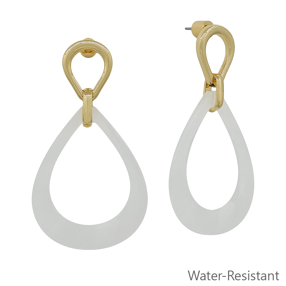 Water Resistant Gold with White Resin Open Teardrop 2" Earring