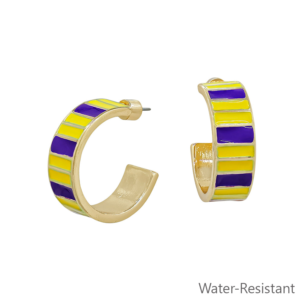 Purple and Yellow Emanel Striped 1" 10MM Wide Hoop Earring