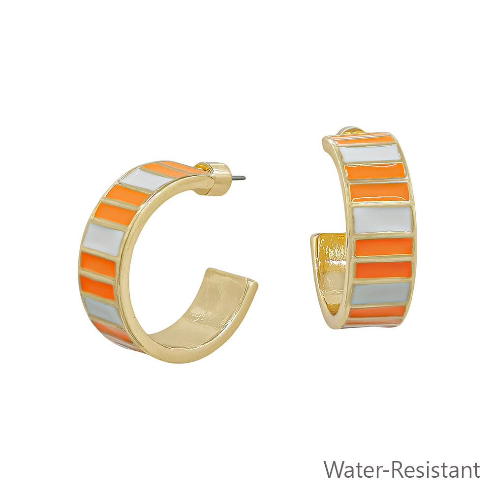 Orange and White Emanel Striped 1" 10MM Wide Hoop Earring