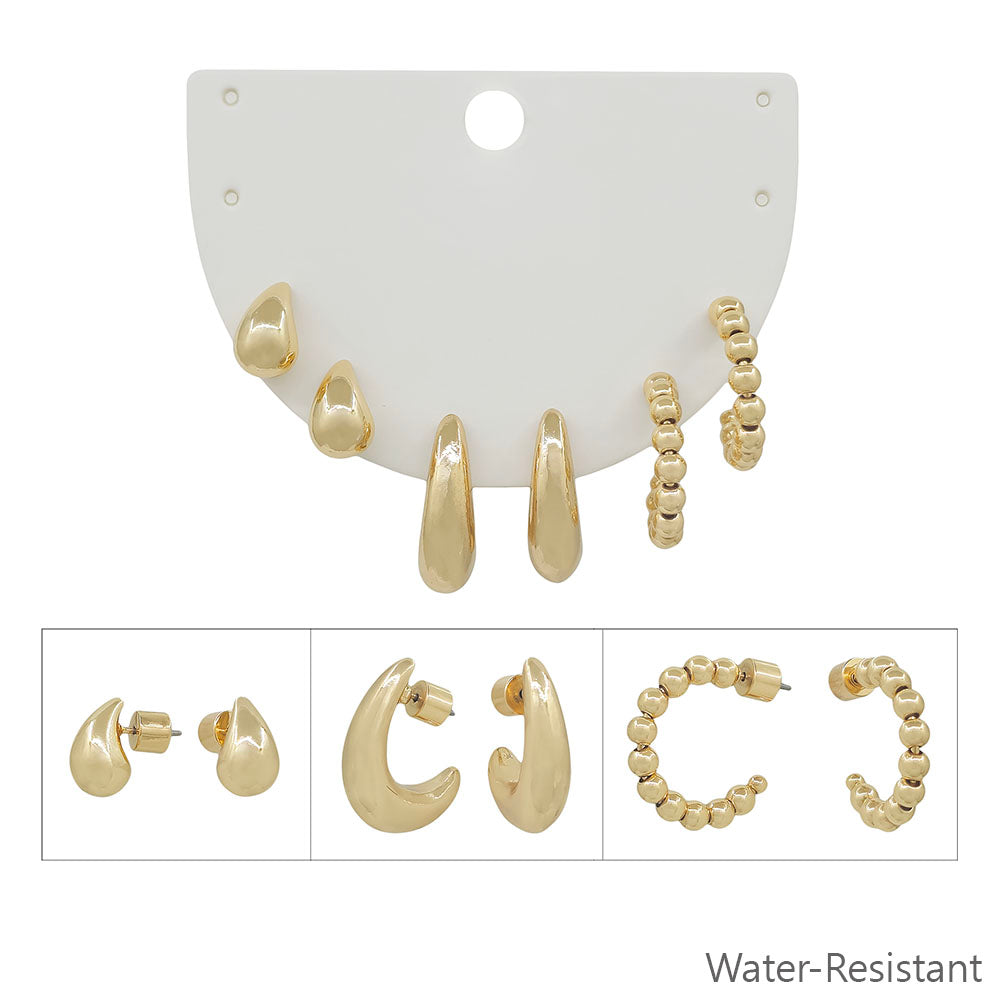 Water Resistant Gold Teardrop and Huggie Set of 3 .5" Hoop Earring