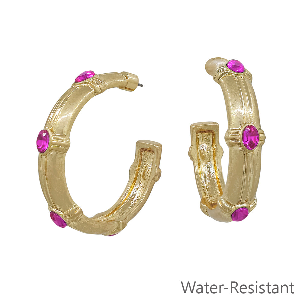 Water Resistant Hammered Hoop with Hot Pink Crystal 2" Earring