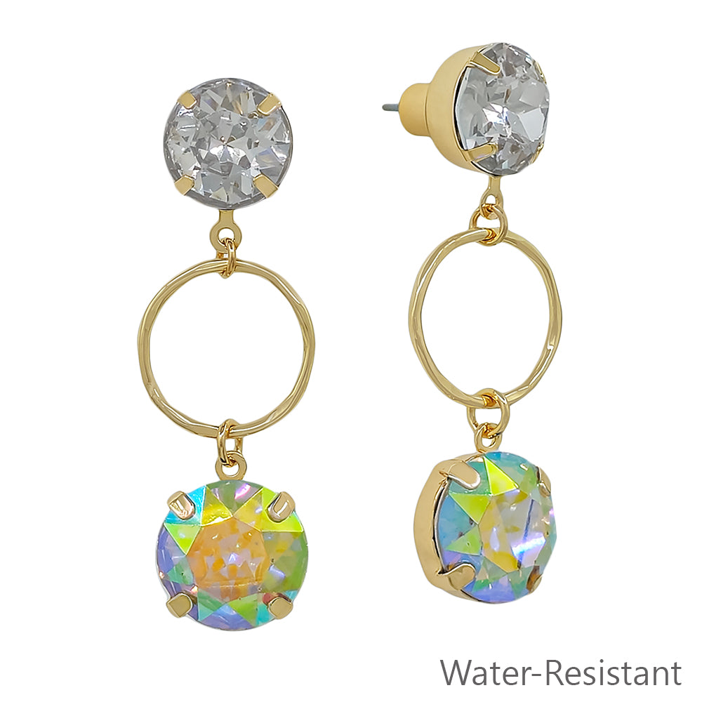 Water Resistant Clear Crystal with Gold Open Circle 2" Earring