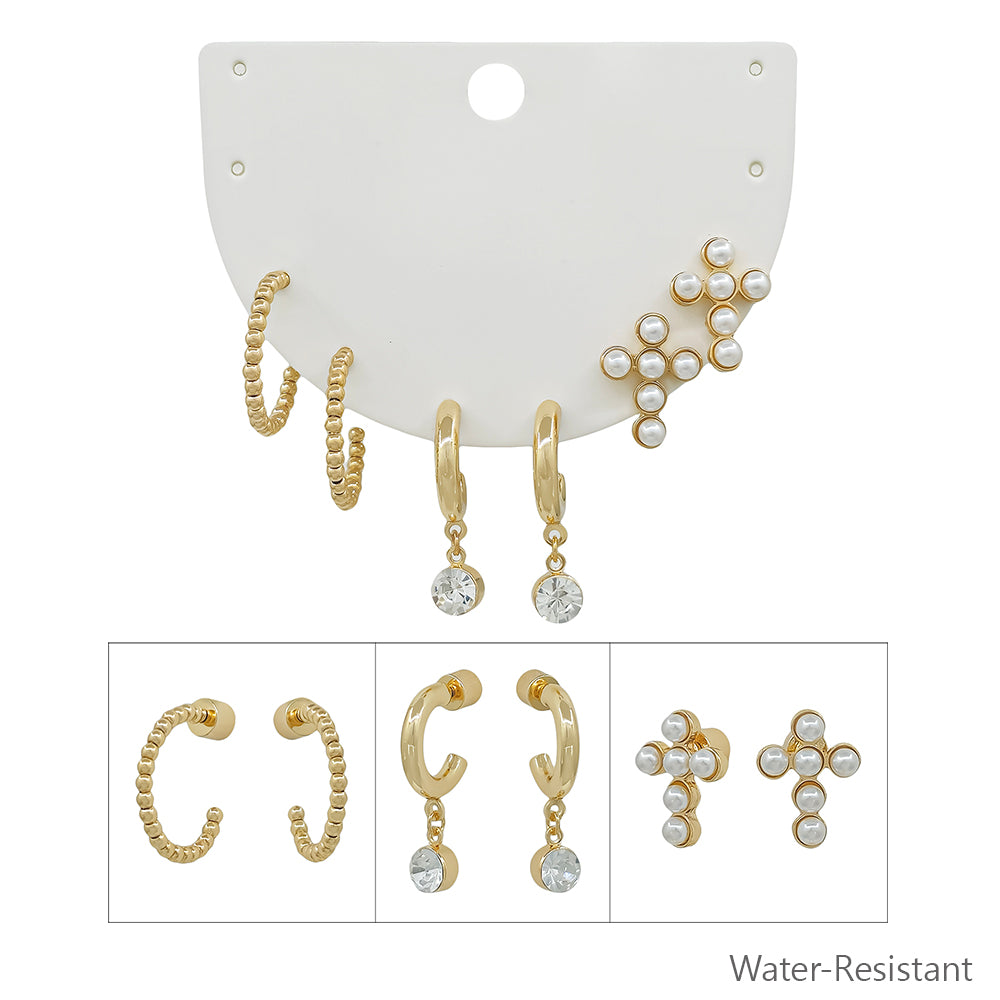 Water Resistant Set of 3 Gold Huggie Hoop, Crystal, and Beaded Cross Stud