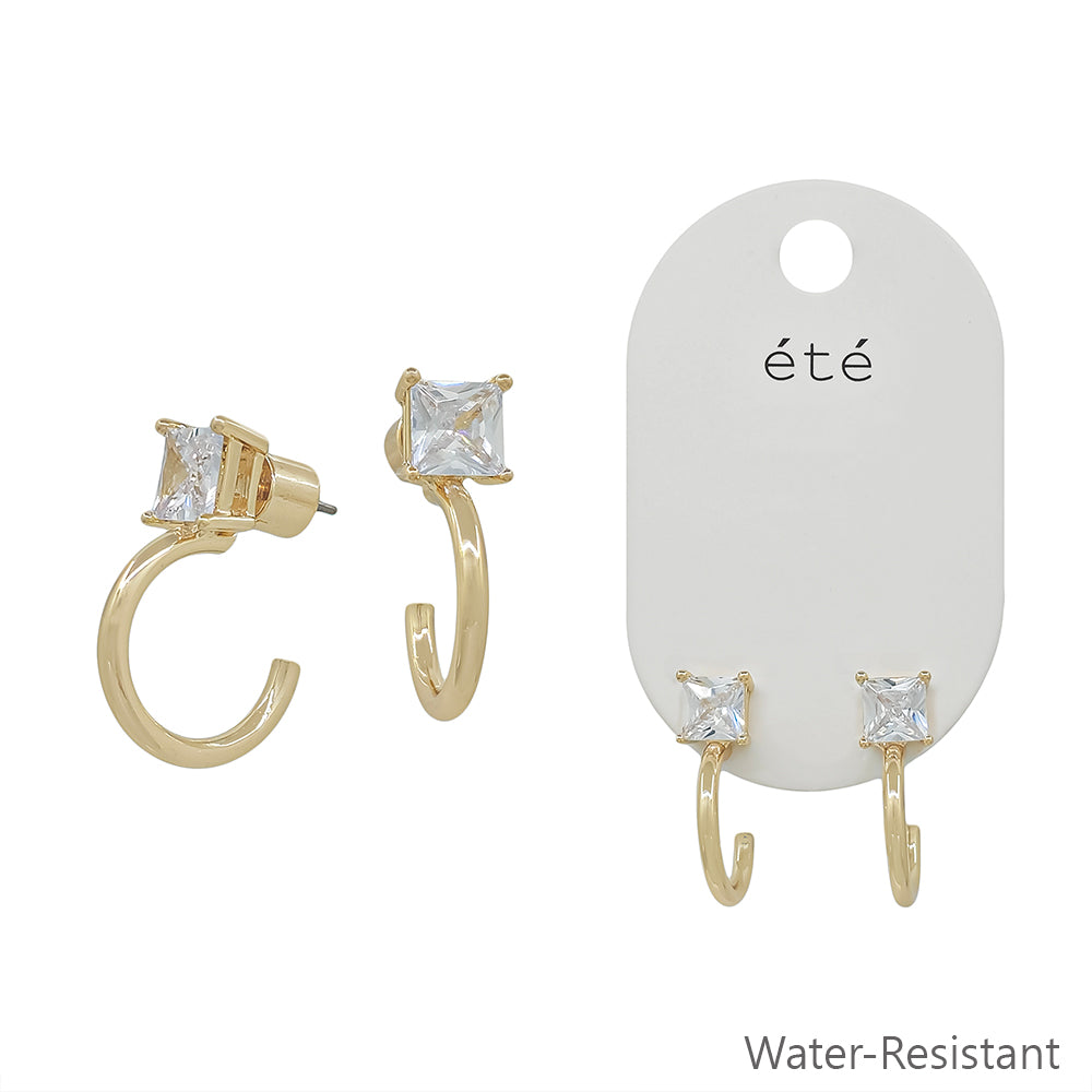 Water Resistant Square Stone Stud with Gold Huggie Hoop Earring