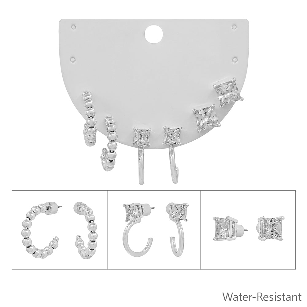 Water Resistant Set of 3 Huggie Beaded Hoop, Crystal with Hoop, and Stud Earrings