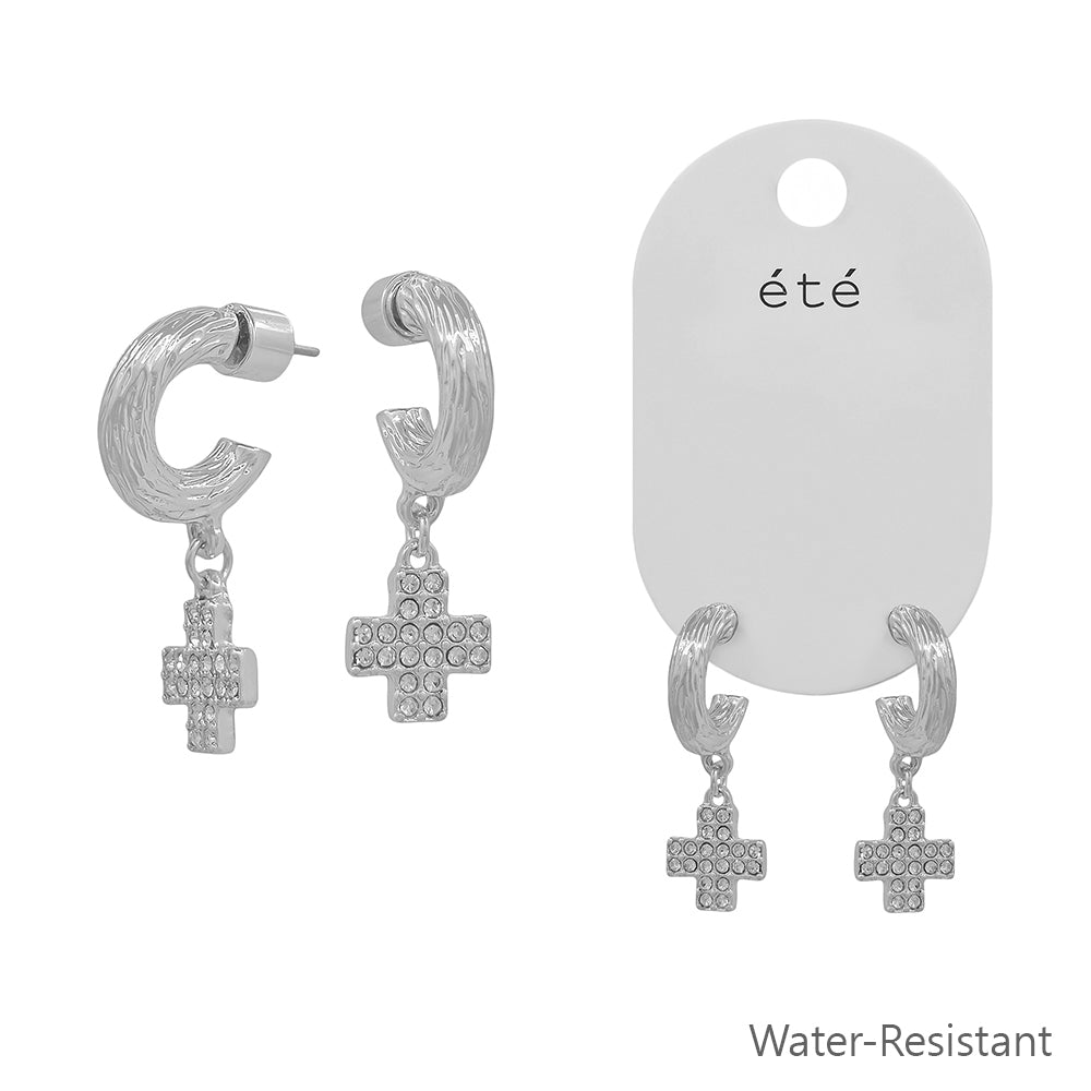 Water Resistant Silver Huggie Textured Hoop with Pave Cross Earring