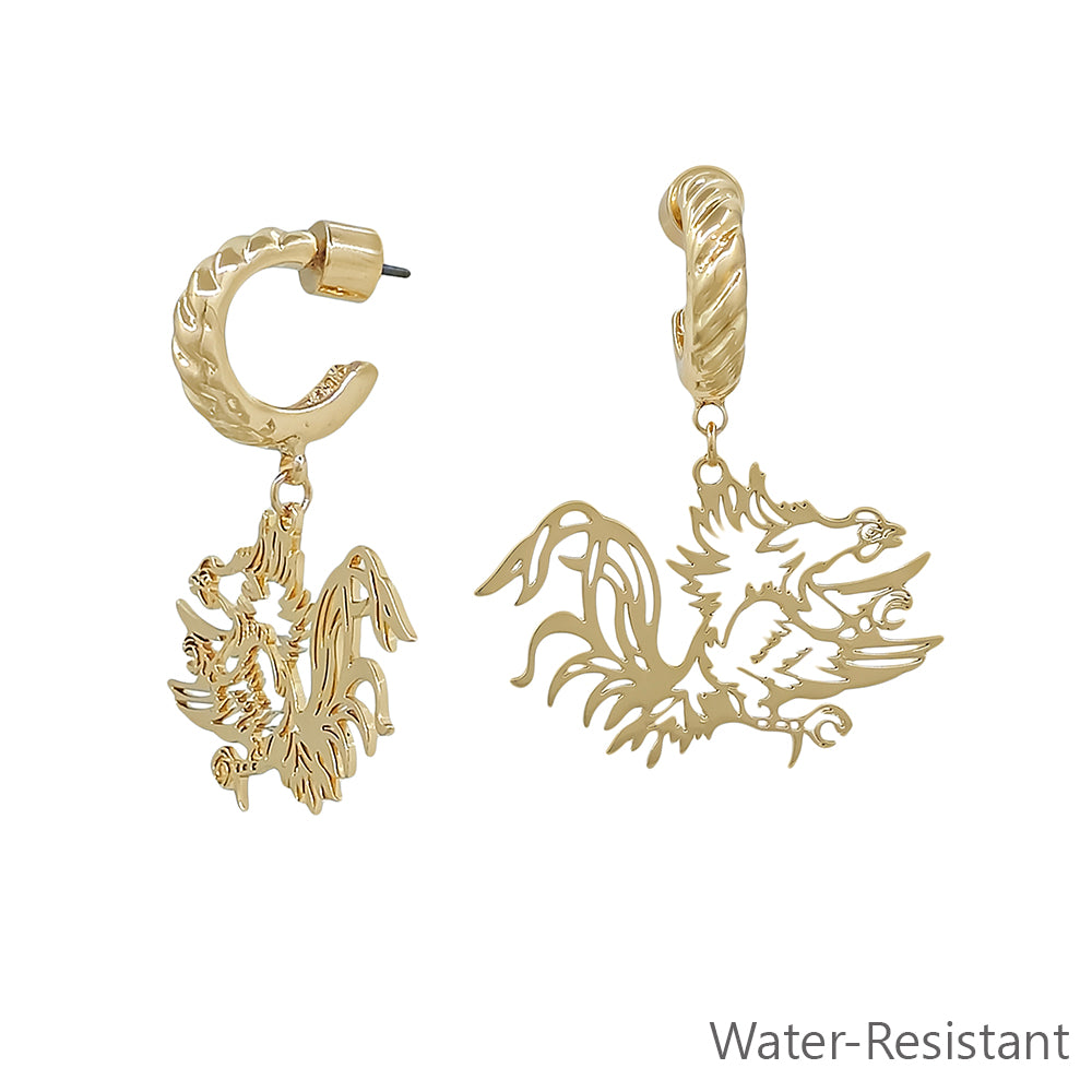 Gold Open Cut out Gamecock with Twisted Huggie Hoop 2" Earring