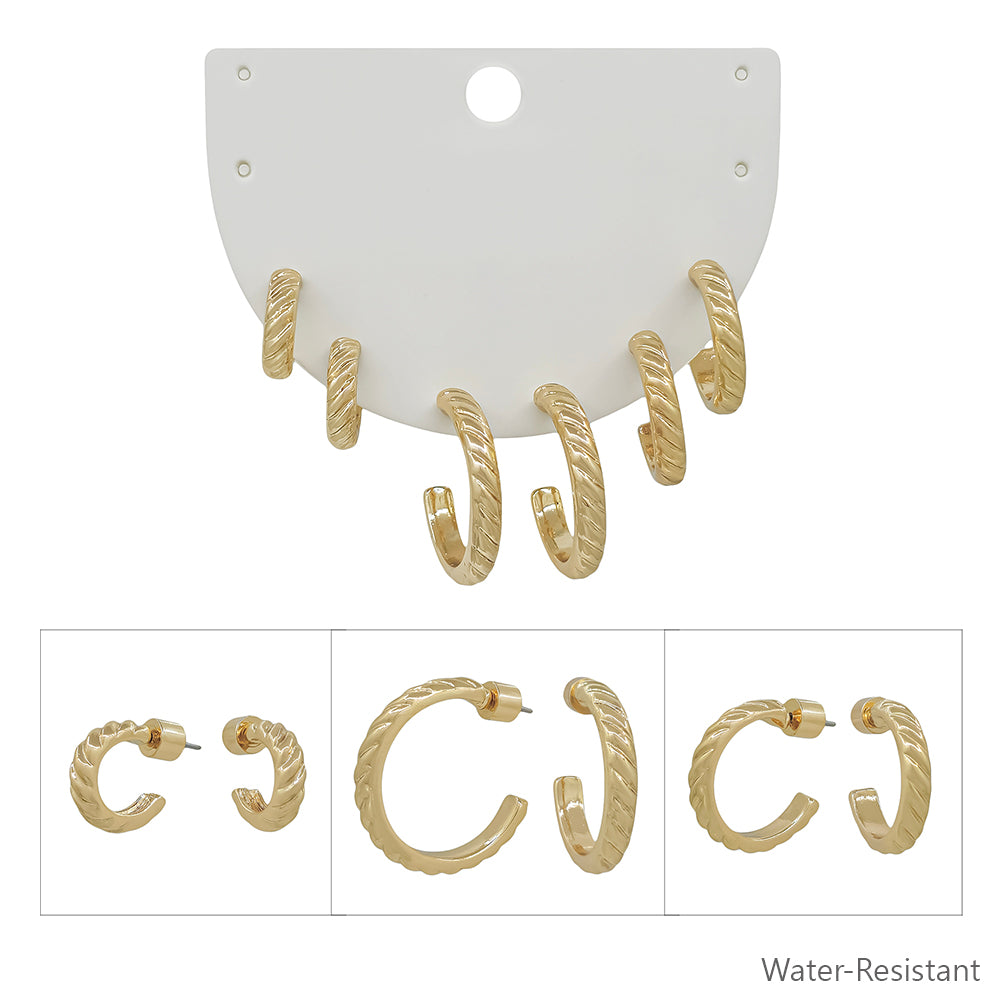 Water Resistant Set of 3 Huggie Style Gold Metal Hoops