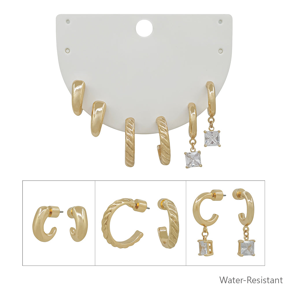 Water Resistant Set of 3 Huggie Hoop and CZ Earrings