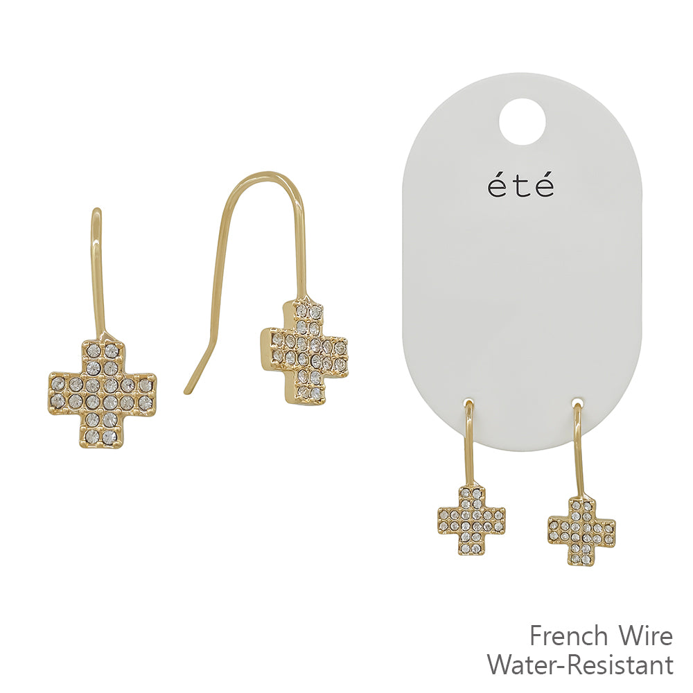 Water Resistant Huggie Rhinestone Cross Drop Earring