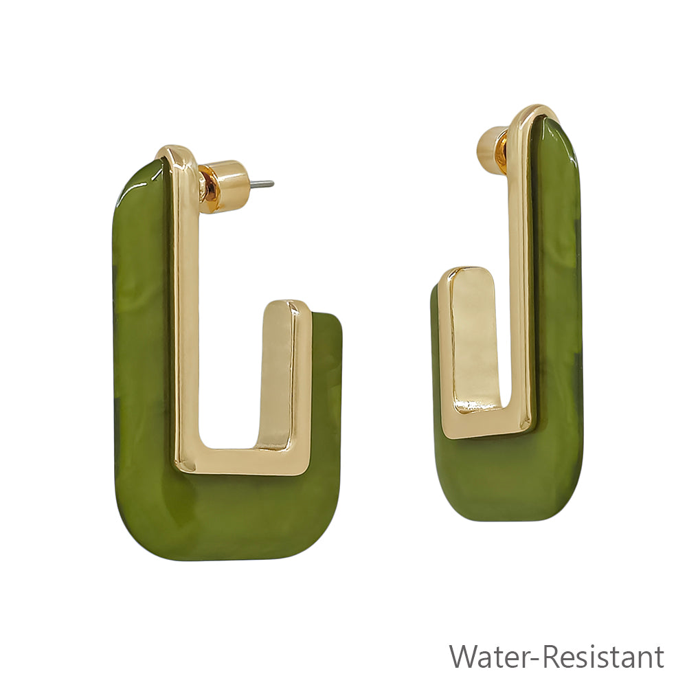 Water Resistant Gold and Olive Acrylic Rectangle 1.5" Necklace