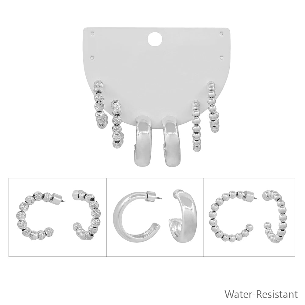 Water Resistant Set of Three Beaded and Textured Silver .5" Hoop Earrings