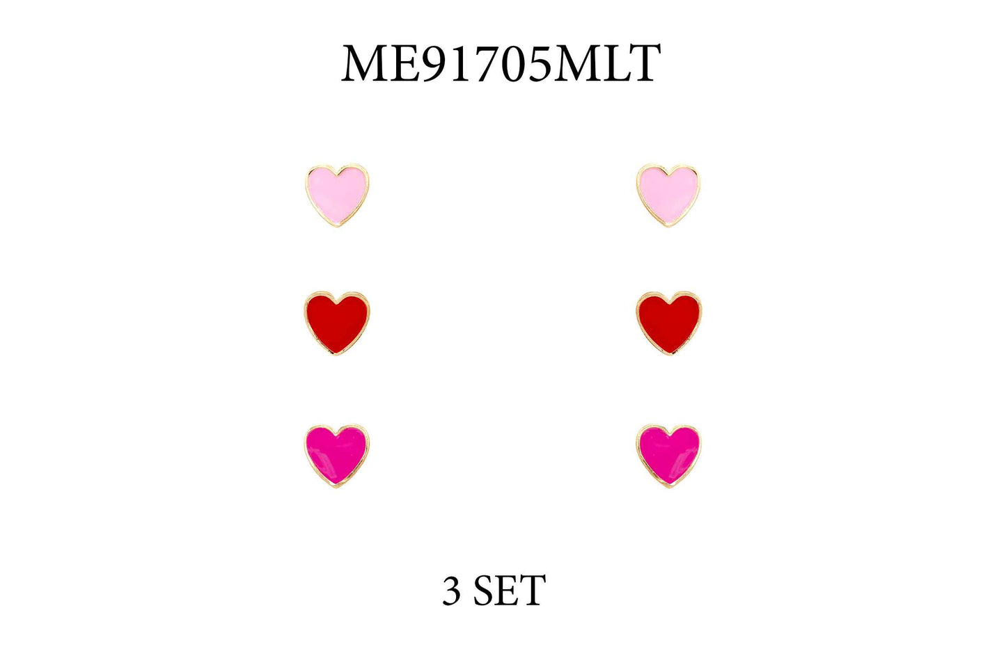 Set of Three Hot Pink, Red, and Light Pink Enamel Heart Stud Earrings