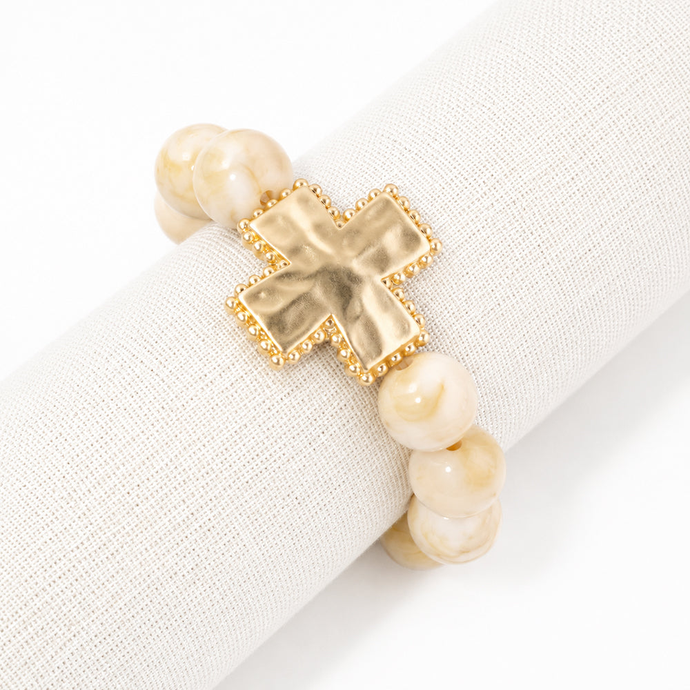 Natural Beaded with Hammered Squared Cross Stretch Bracelet