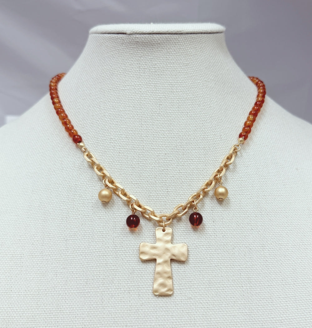 Brown Small Beaded with Gold Chain and Hammered Gold Cross 16"-18" Necklace