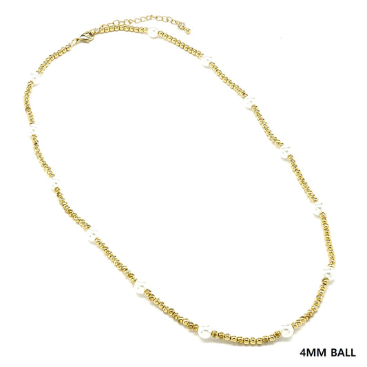 Waterproof Stainless-Steel Gold 4MMBead and Pearl 16"-18" Necklace