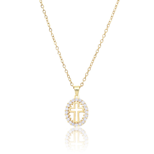 Waterproof Stainless-Steel Gold Chain with Rhinestone Circle and Cross 16"-18" Necklace