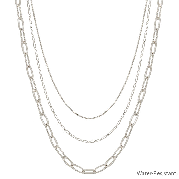 Water Resistant Triple Layered Silver Clip Chain 16"-18" Necklace
