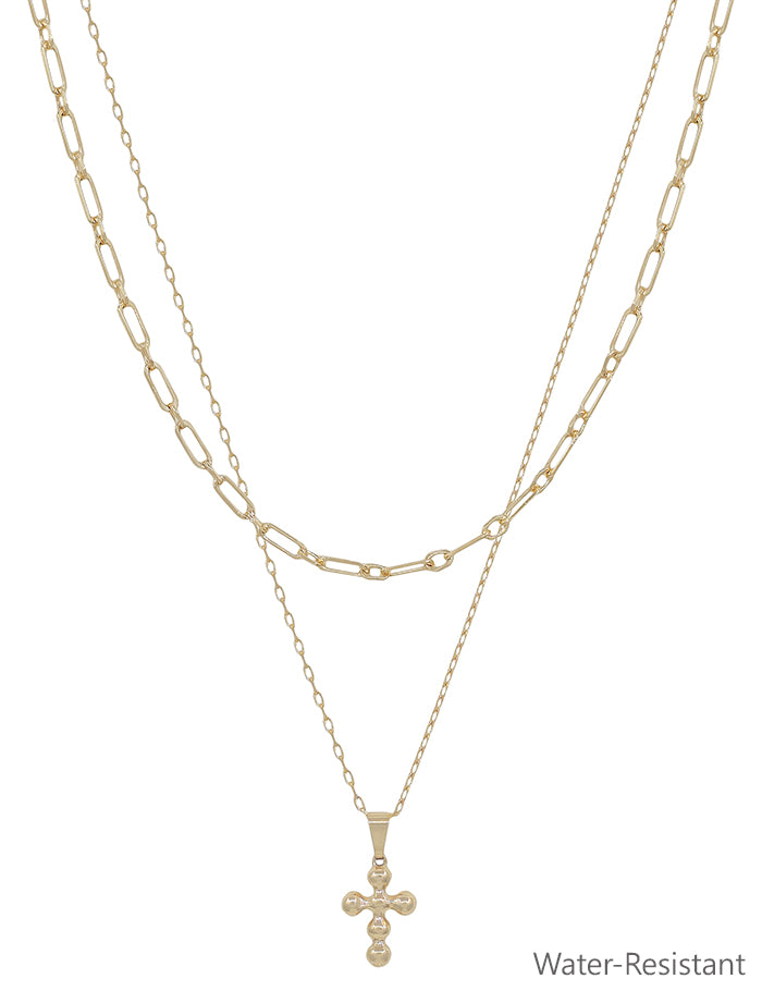 Water Resistant Gold Beaded Cross Layered 16"-18" Necklace