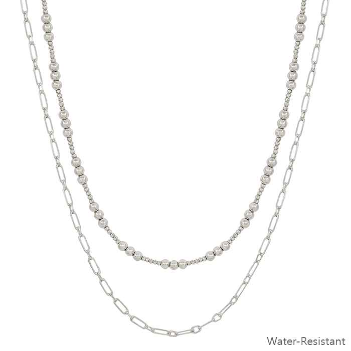 Water Resistant Silver 1mm and 4mm Beaded with Layered Chain 16"-18" Necklace