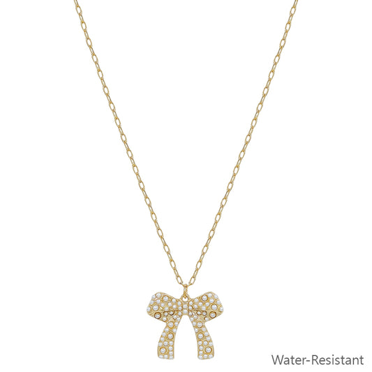 Water Resistant Gold Chain with Pearl Dotted Bow 16"-18" Necklace