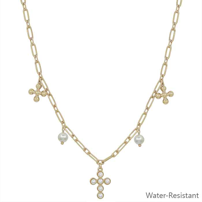 Water Resistant Gold Pearl Cross and Pearl Charm 16"-18" Necklace