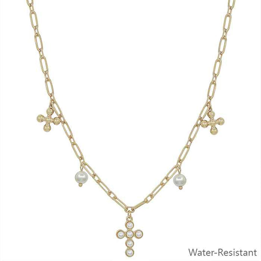 Water Resistant Gold Pearl Cross and Pearl Charm 16"-18" Necklace