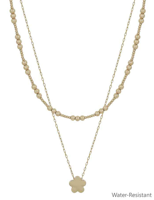 Water Resistant Gold Beaded and Gold Flower 16"-18" Necklace