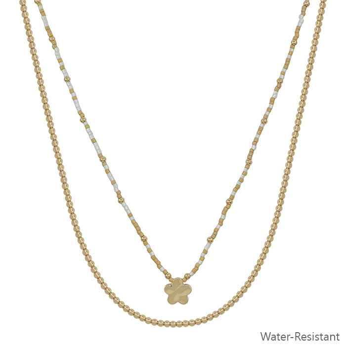 Water Resistant White Seed Bead with Gold Flower 16"-18" Necklace