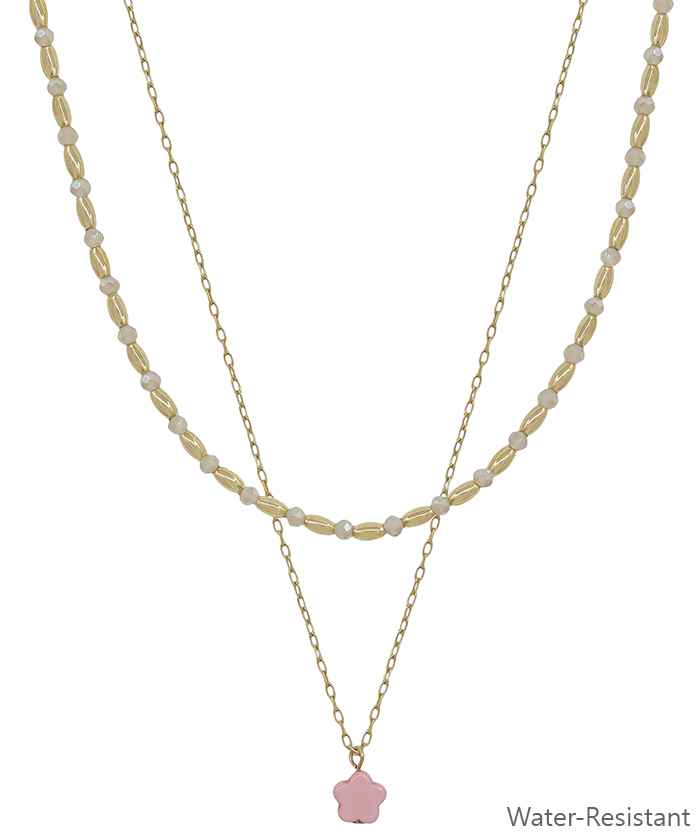 Gold Beaded and Pink Crystal Layered Flower 16"-18" Necklace