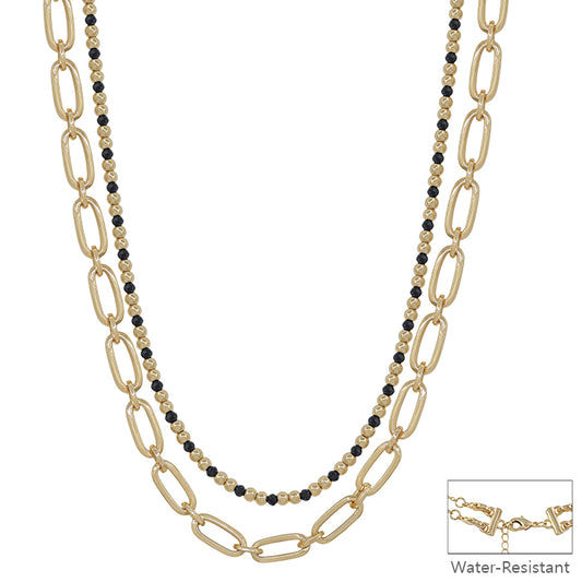 Black Crystal Layered with Gold Oval 16"-18" Necklace