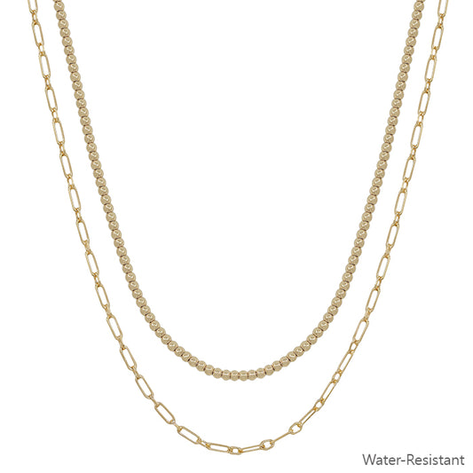 Water Resistant Double Layered Gold Beaded and Chain 16"-18" Necklace