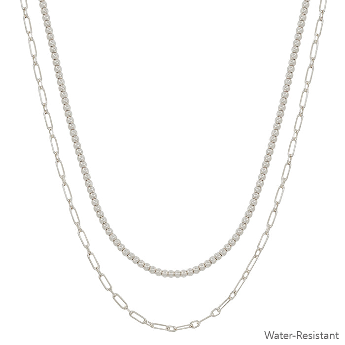 Water Resistant Double Layered Silver Beaded and Chain 16"-18" Necklace