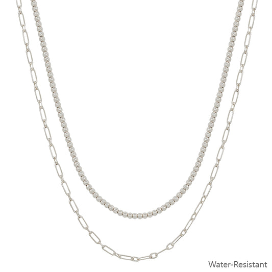 Water Resistant Double Layered Silver Beaded and Chain 16"-18" Necklace
