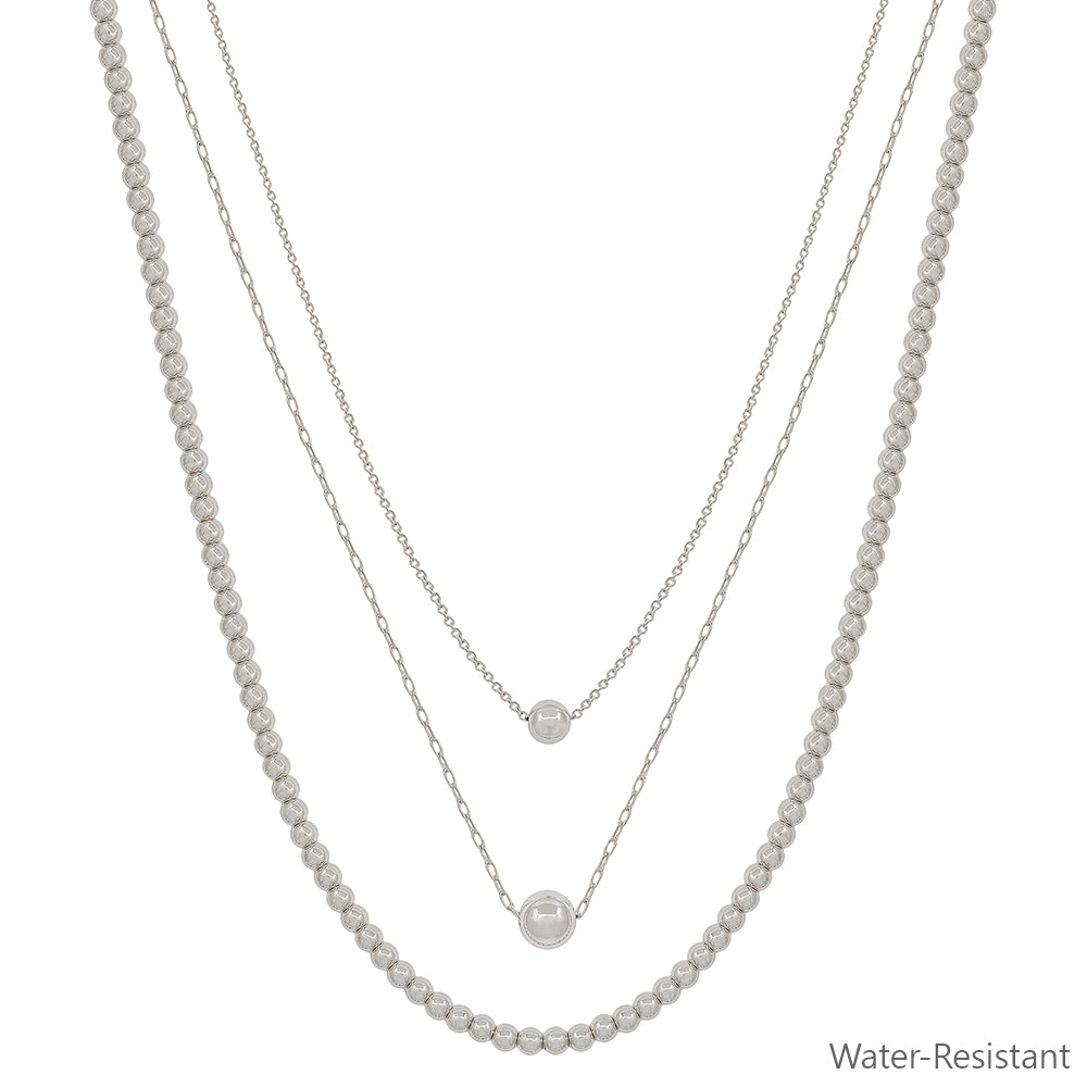 Water Resistant Triple Layered Silver Beaded and Chain 16"-18" Necklace