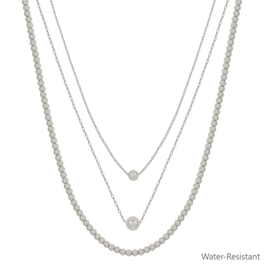 Water Resistant Triple Layered Silver Beaded and Chain 16"-18" Necklace