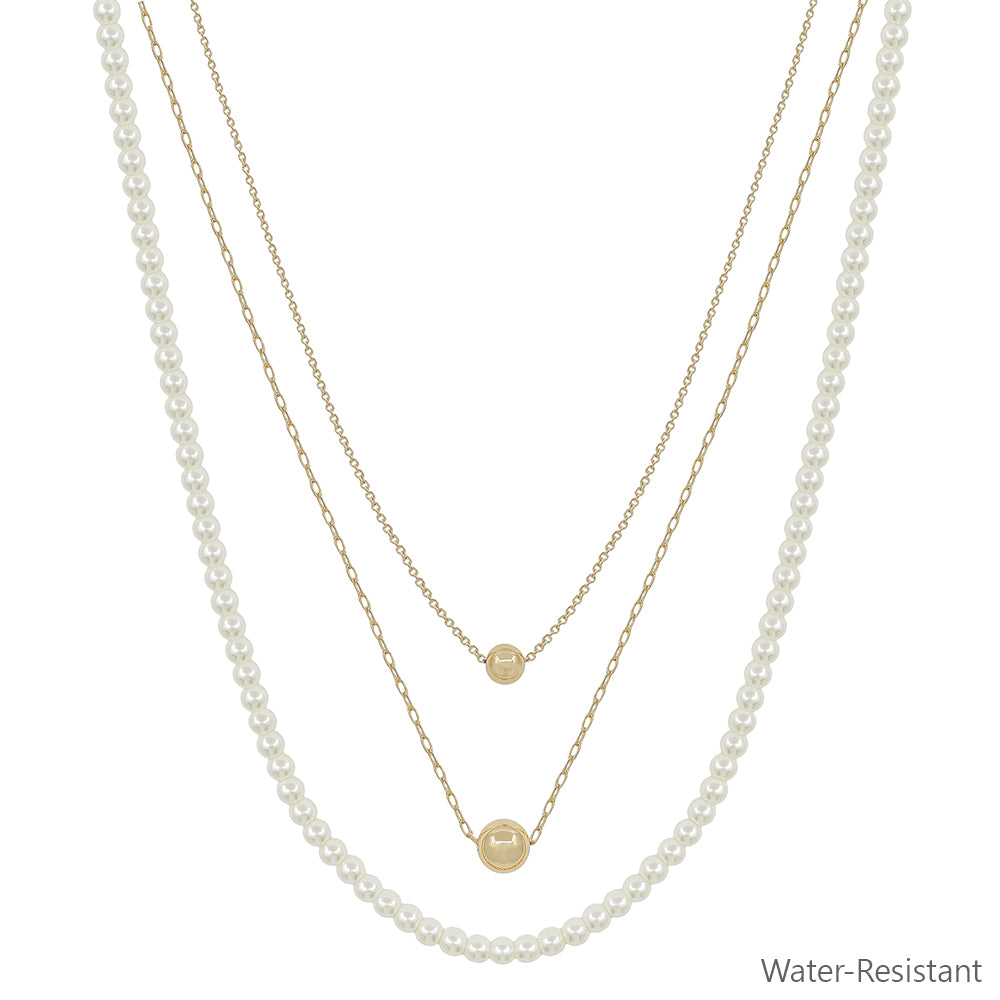 Water Resistant Triple Layered Pearl Beaded and Chain 16"-18" Necklace