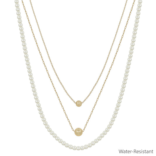 Water Resistant Triple Layered Pearl Beaded and Chain 16"-18" Necklace