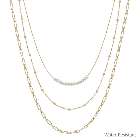 Water Resistant Triple Layered Gold with Pearl Thin Dotted Chain 16"-18" Necklace