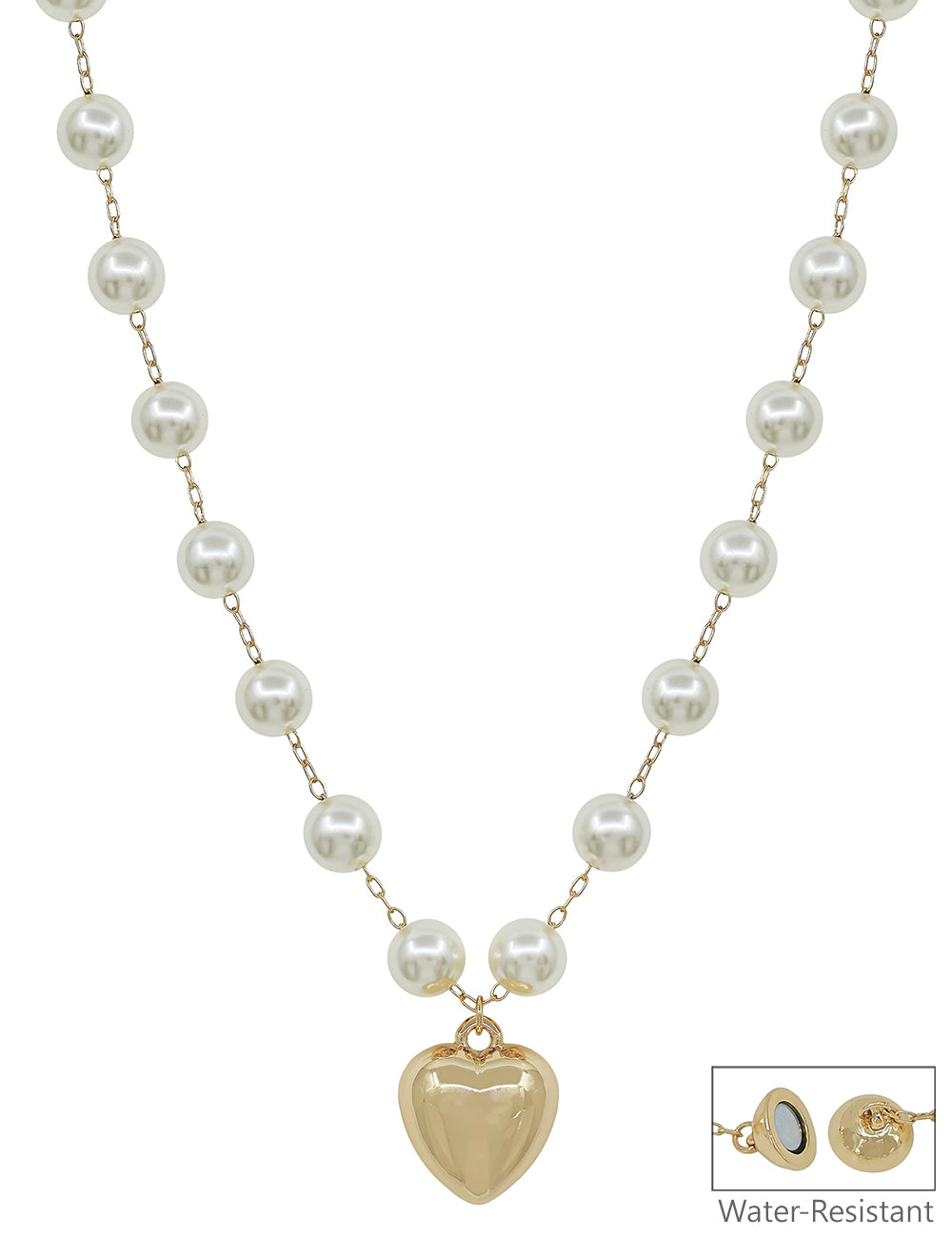 Water Resistant 10MM Pearl Chain with Puffy Heart 16"-18" Necklace