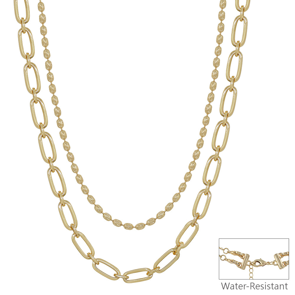 Water Resistant Gold Double Layered Oval and Flat Chain 16"-18" Necklace