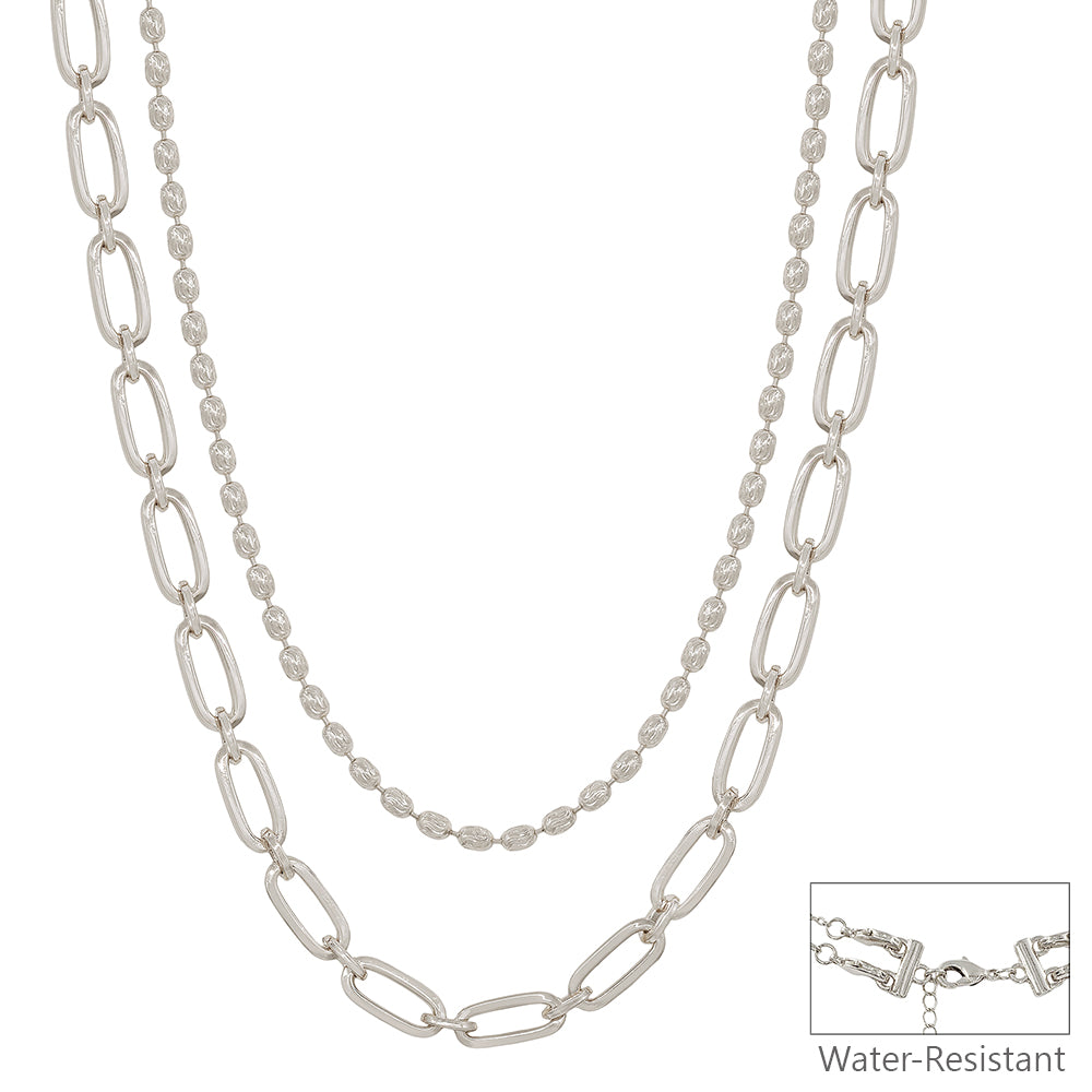 Water Resistant Silver Double Layered Oval and Flat Chain 16"-18" Necklace