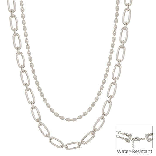 Water Resistant Silver Double Layered Oval and Flat Chain 16"-18" Necklace