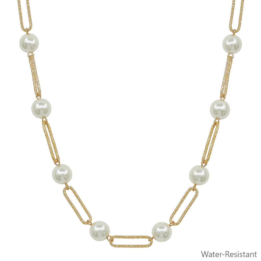 Water Resistant Gold Open Oval and Pearl Beaded 16"-18" Necklace