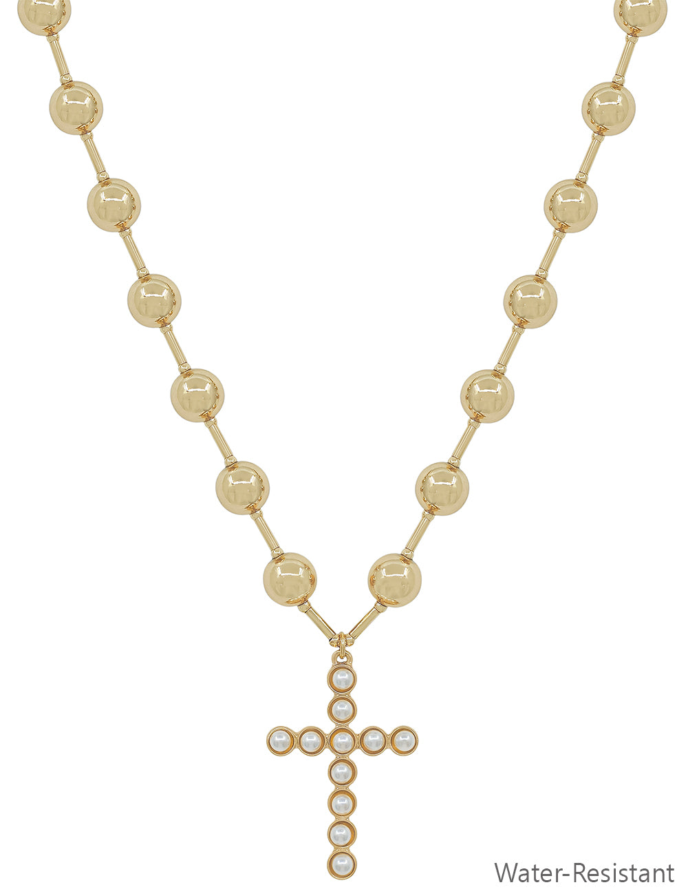 Water Resistant 8MM Beaded Chain with Pearl Beaded Cross 16"-18" Necklace